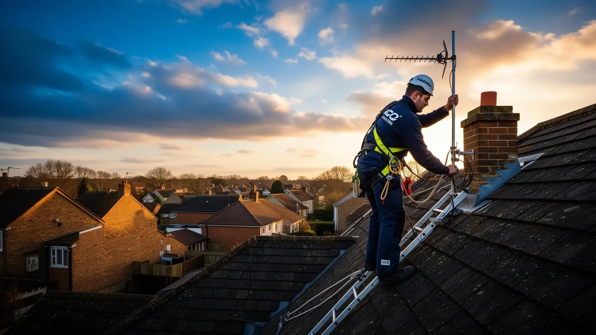 TV aerial engineer installing a rooftop aerial in Kent