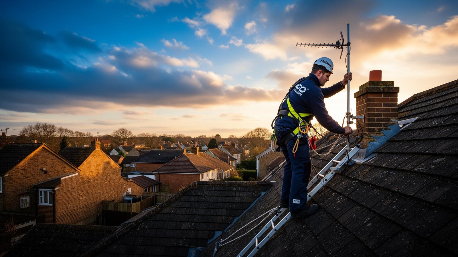 TV aerial engineer installing a rooftop aerial in Kent