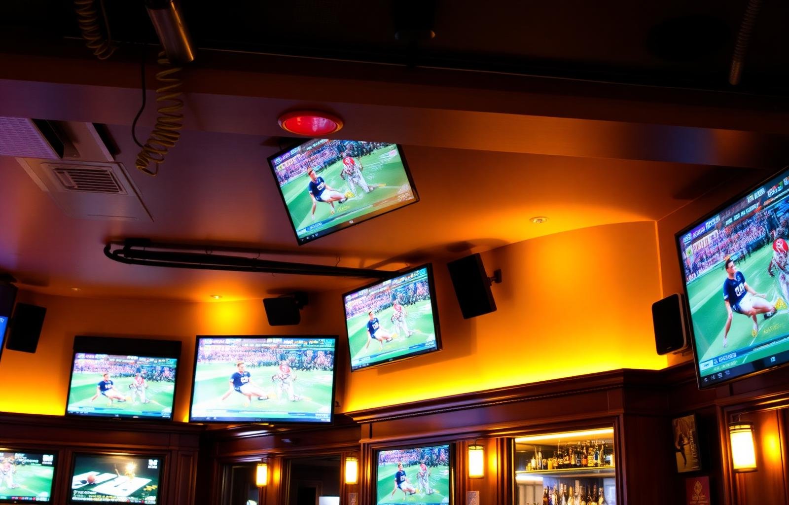 Multiple wall-mounted TV screens installed in a Kent pub showing sports