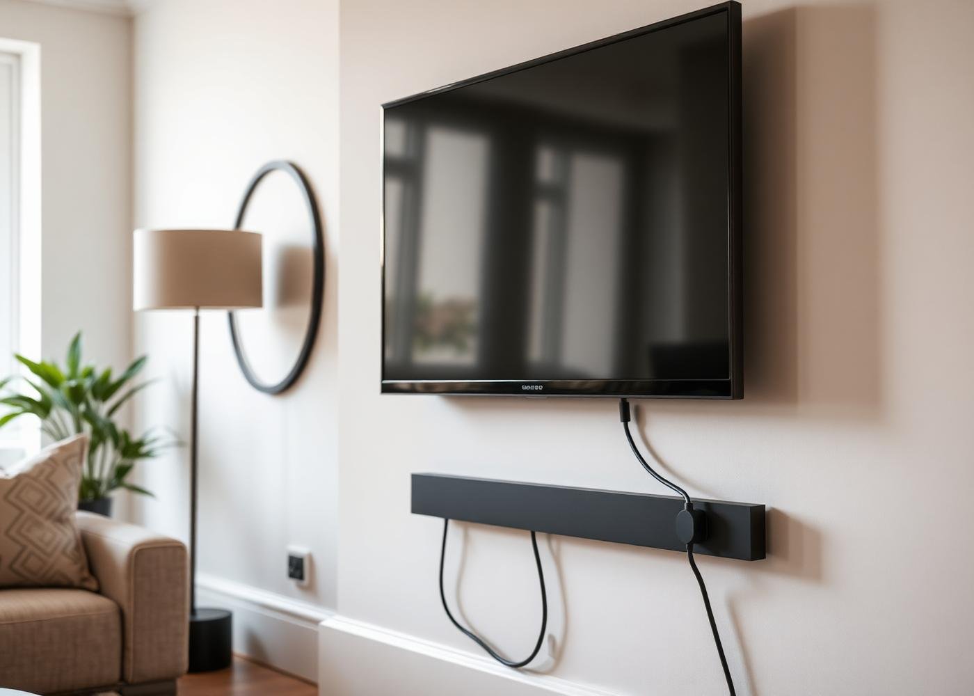 Flat screen TV professionally wall mounted with hidden cables in a Kent living room