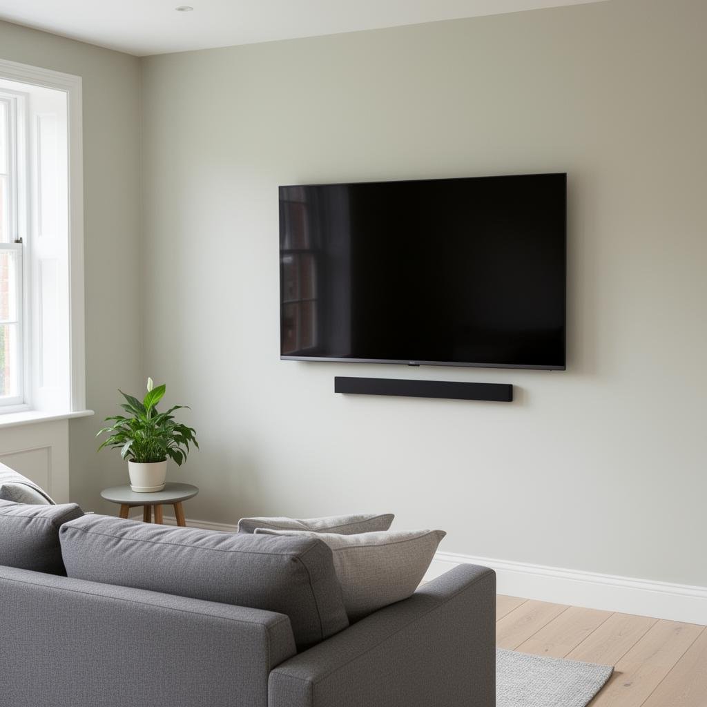 Flat screen TV professionally wall mounted with hidden cables in a Kent living room